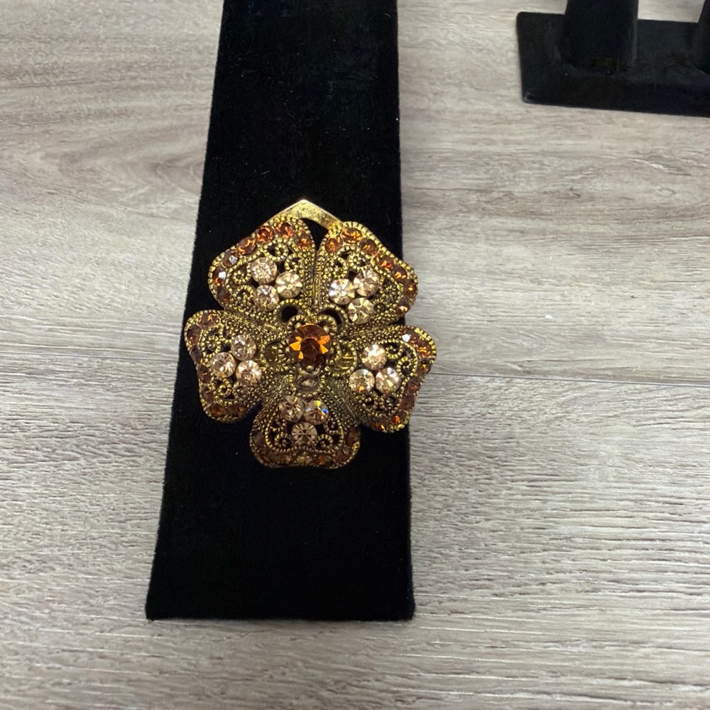 Gold Tone and Orange Floral Brooch
